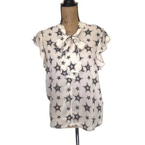 Zara Basic Tie Neck Blouse Star Print Flutter Sleeve Spring Office Size Small